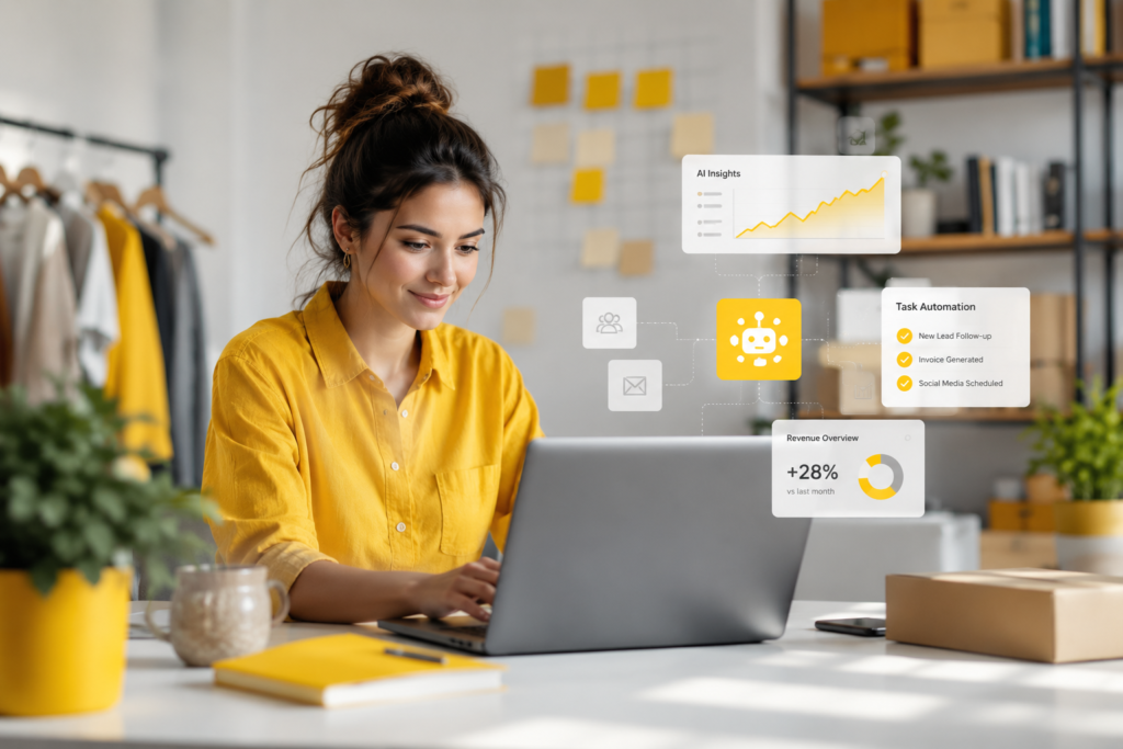 alt="IA para pequenos negócios: empreendedor usando automação e inteligência artificial no computador em 2026"